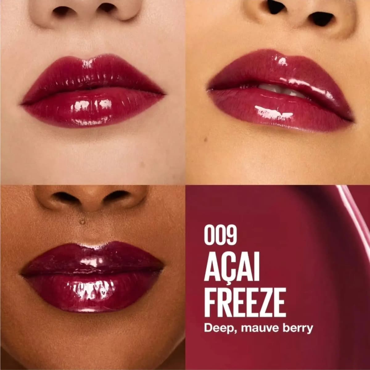 Açaí Freeze deep mauve berry shade swatched glossy on three different skin tones