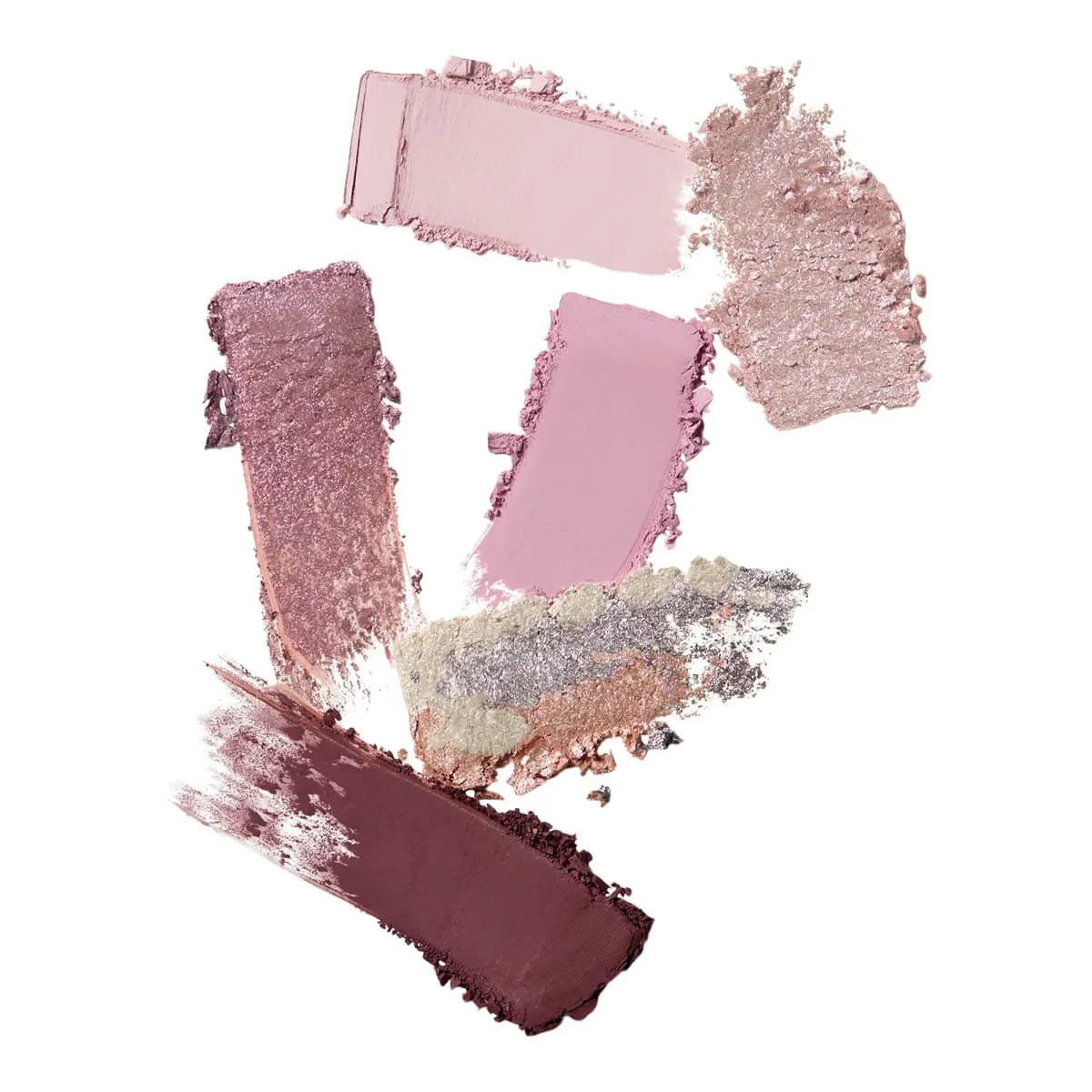 Crushed eyeshadow powders in pink matte, mauve shimmer, plum, and iridescent silver-peach scattered on white.