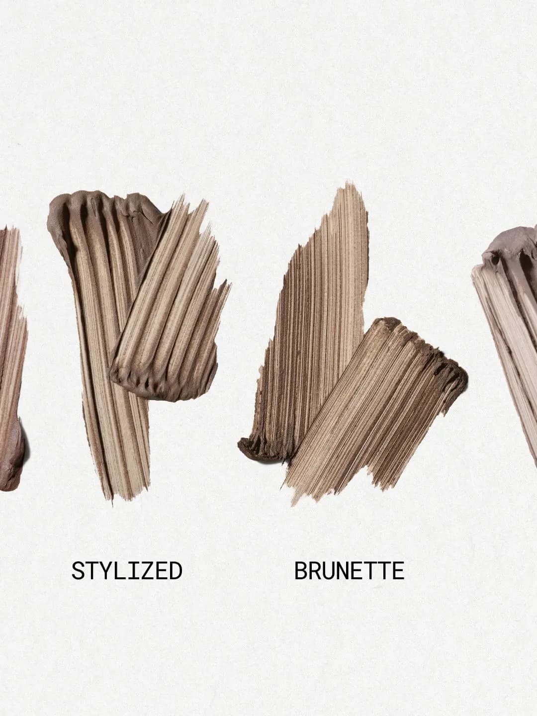 Two brow mousse swatches labeled Stylized and Brunette in cool taupe and medium brown tones