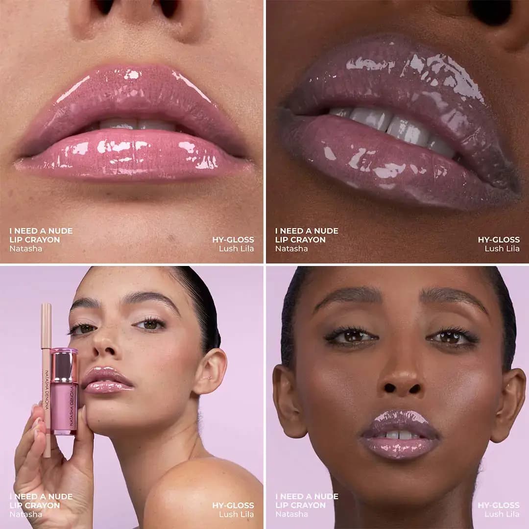 Lip close-ups and two models wearing glossy lilac-pink HY-GLOSS Lush Lila with I Need A Nude Lip Crayon Natasha.