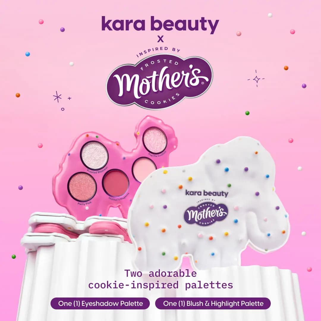 Pink camel and white sprinkle-dotted elephant palettes on white pedestals under the Kara Beauty x Mother's logo