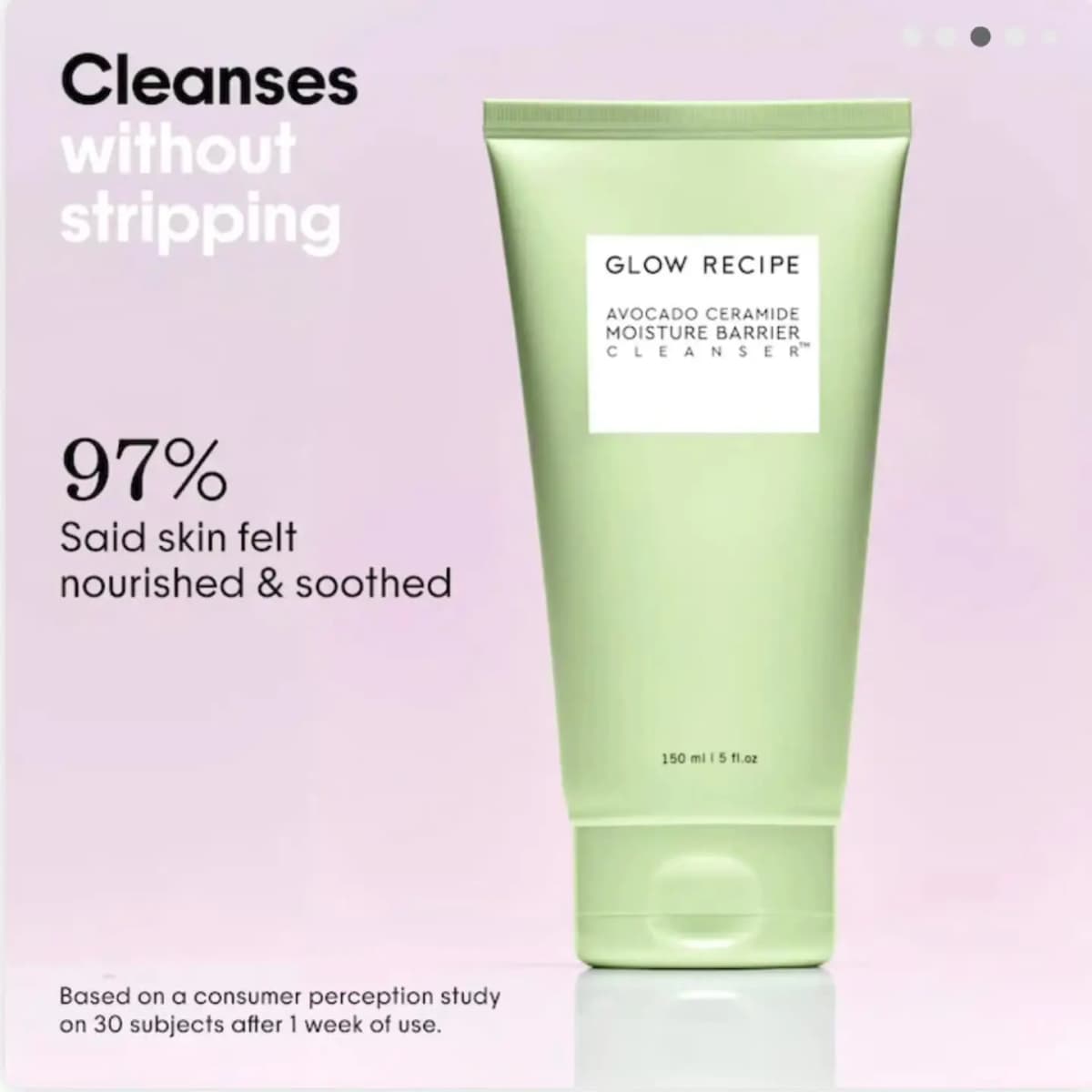 Green tube of Avocado Ceramide Moisture Barrier Cleanser, 150 mL, with a 97% nourished and soothed claim
