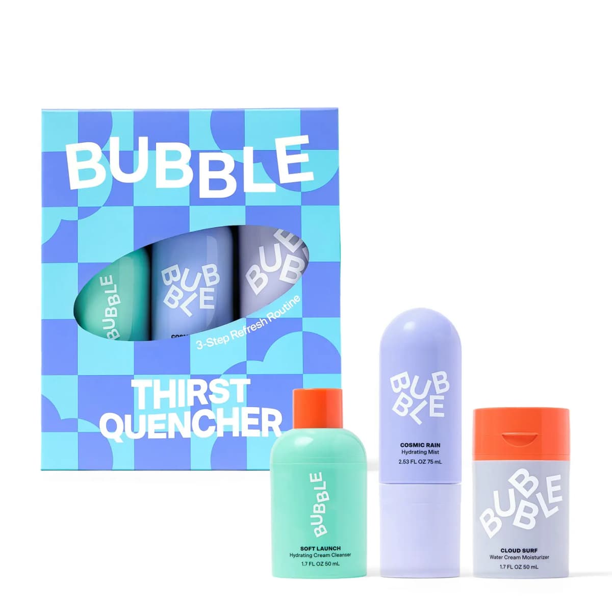 Thirst Quencher blue checkered box with Soft Launch cleanser, Cosmic Rain mist and Cloud Surf moisturizer