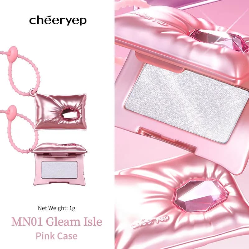 Pink Case MN01 Gleam Isle, 1 g, shown closed and open on a pink loop strap beside a close-up of the shimmering pan