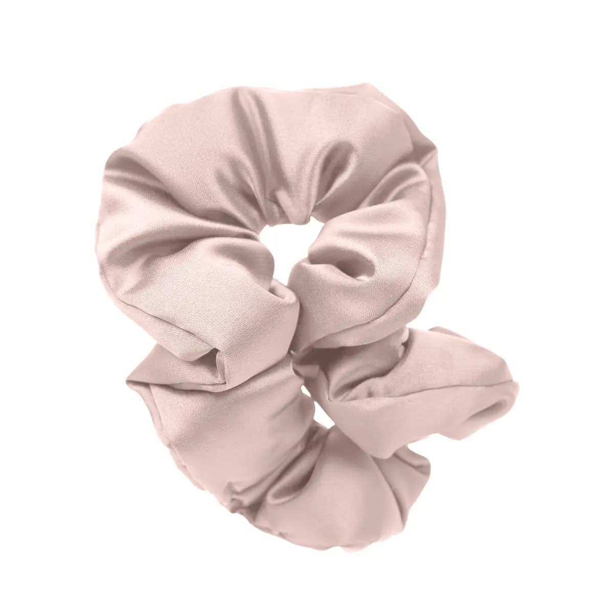 Soft blush-pink satin scrunchie with a smooth sheen