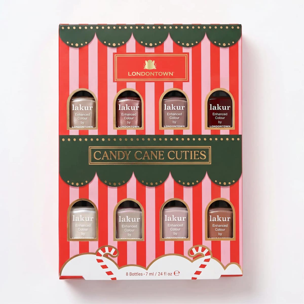 Candy Cane Cuties box on white with eight mini lakur bottles in arched windows on red-and-pink stripes