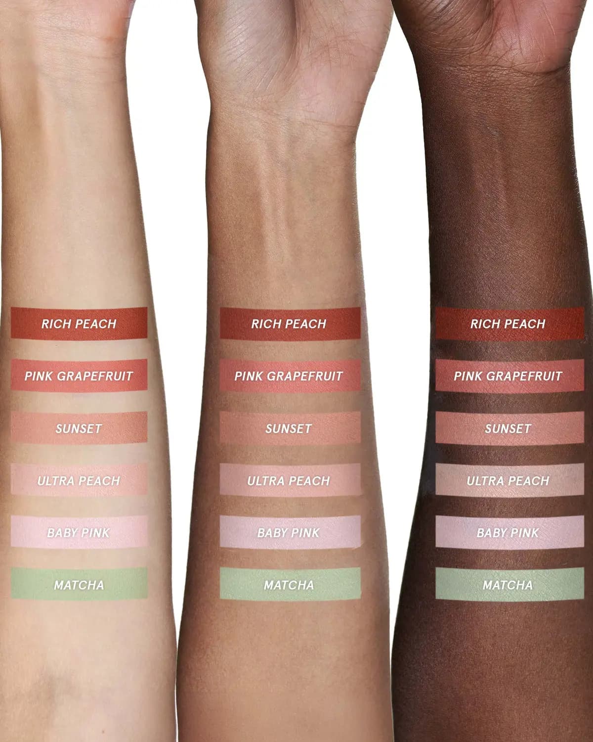 Six corrector stain shades swatched on fair, medium and deep forearms, from Rich Peach at top to Matcha at bottom