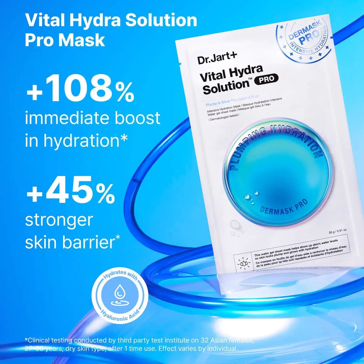 White Vital Hydra Solution Pro mask pouch with blue bubble graphic among blue tubes, citing +108% hydration boost