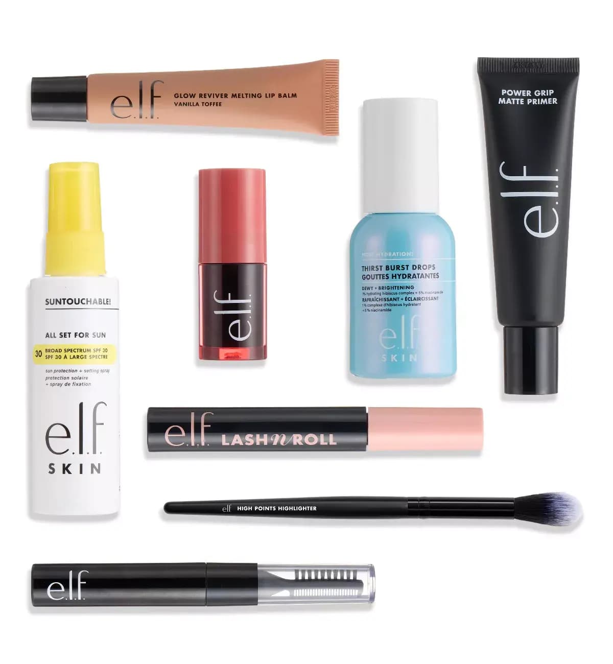 Flat lay of eight e.l.f. items incl. Vanilla Toffee lip balm, Lash 'N Roll mascara, Suntouchable spray and primer