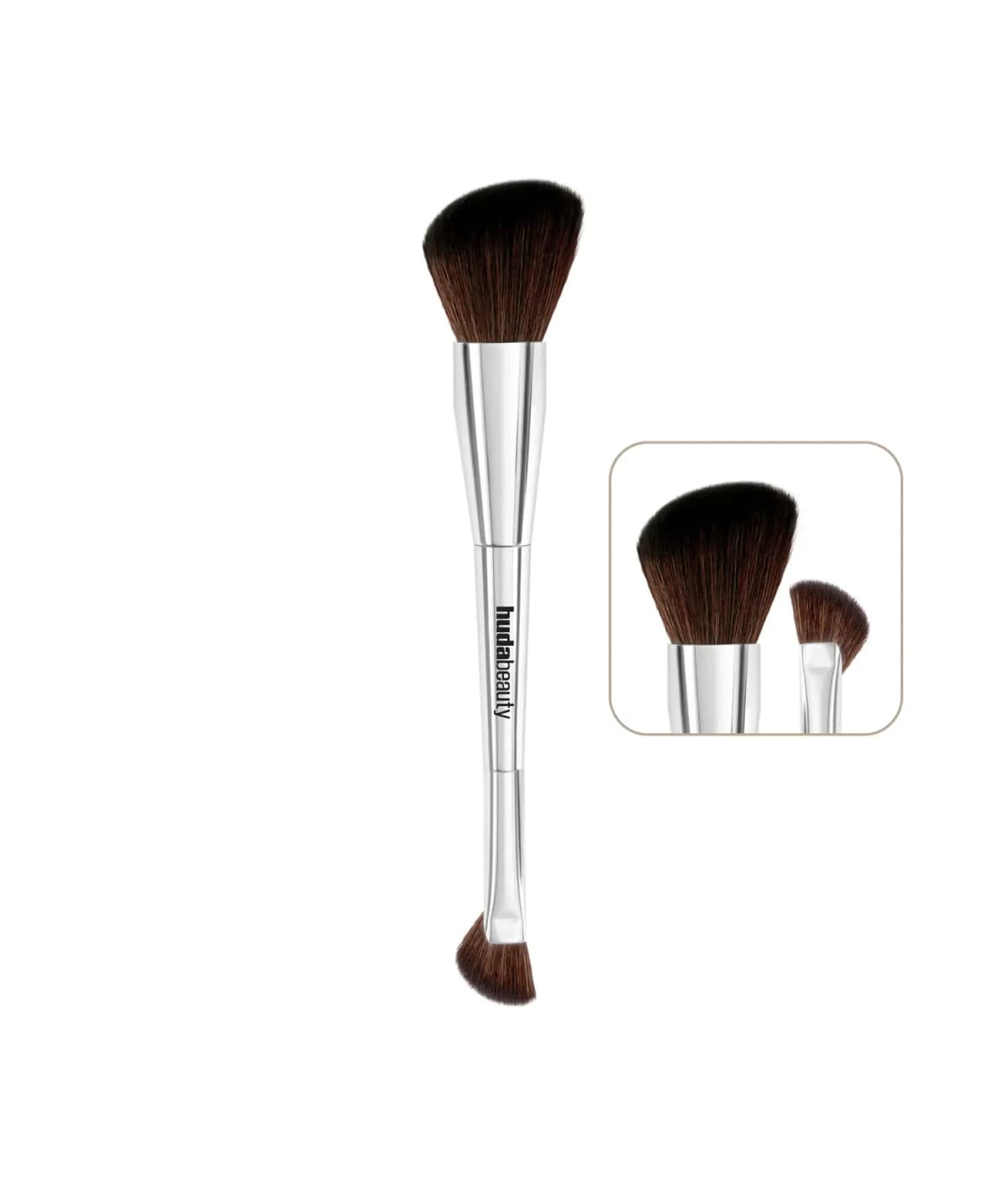 Silver dual-ended Huda Beauty brush with an angled fluffy face head and a small angled contour tip.