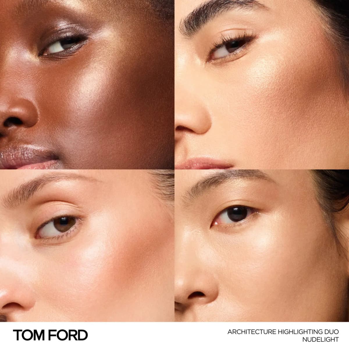 Four close-ups of models across skin tones wearing Nudelight, with soft luminous sheen along the cheekbones.
