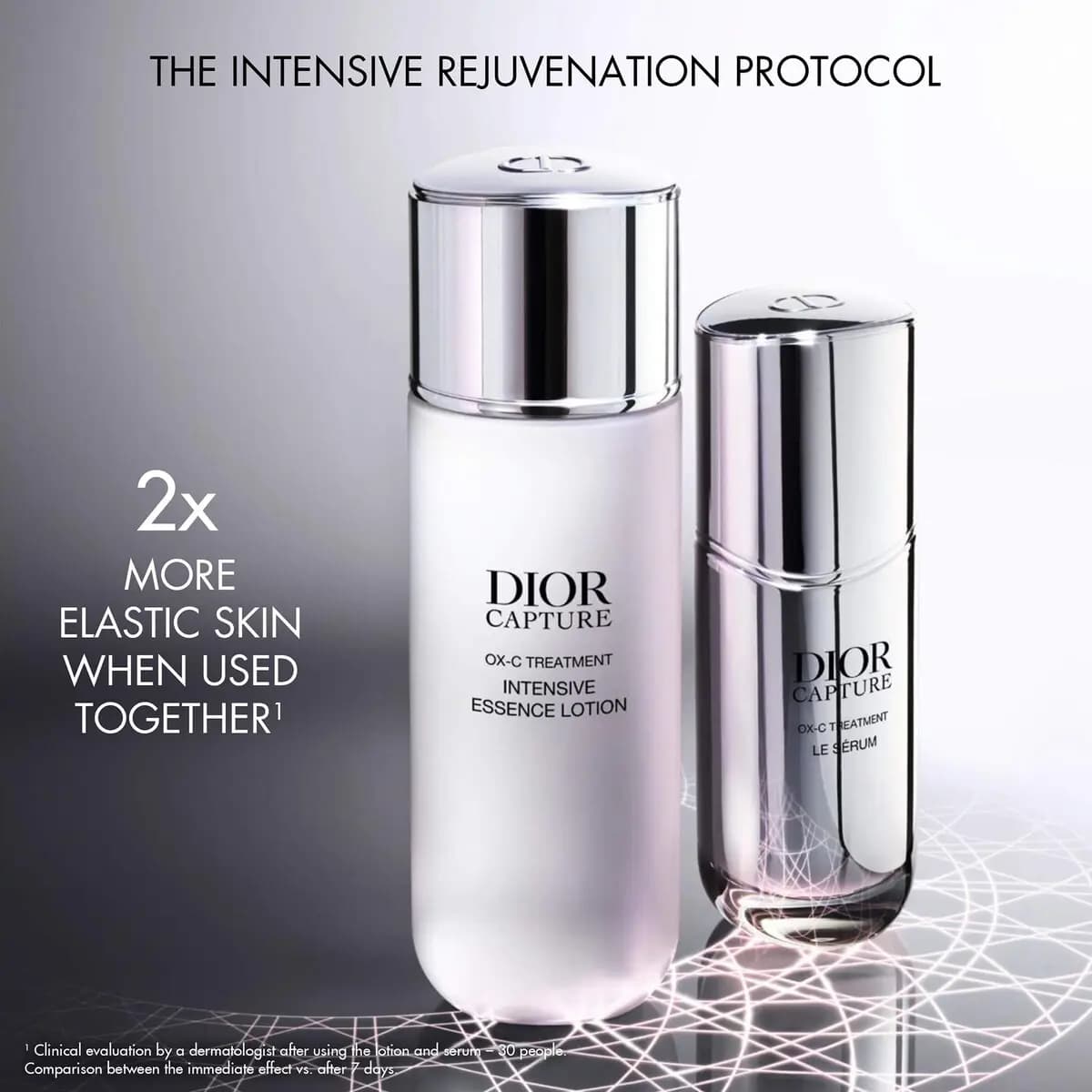 Essence Lotion beside Dior Capture Le Sérum on a lit grid, titled The Intensive Rejuvenation Protocol, 2x more elastic skin.