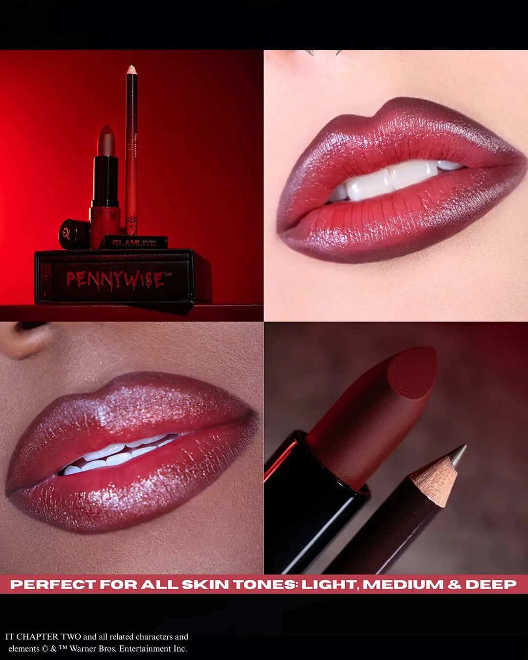 Pennywise lip kit with dark red lipstick and liner shown as ombré lips on light and deep skin tones