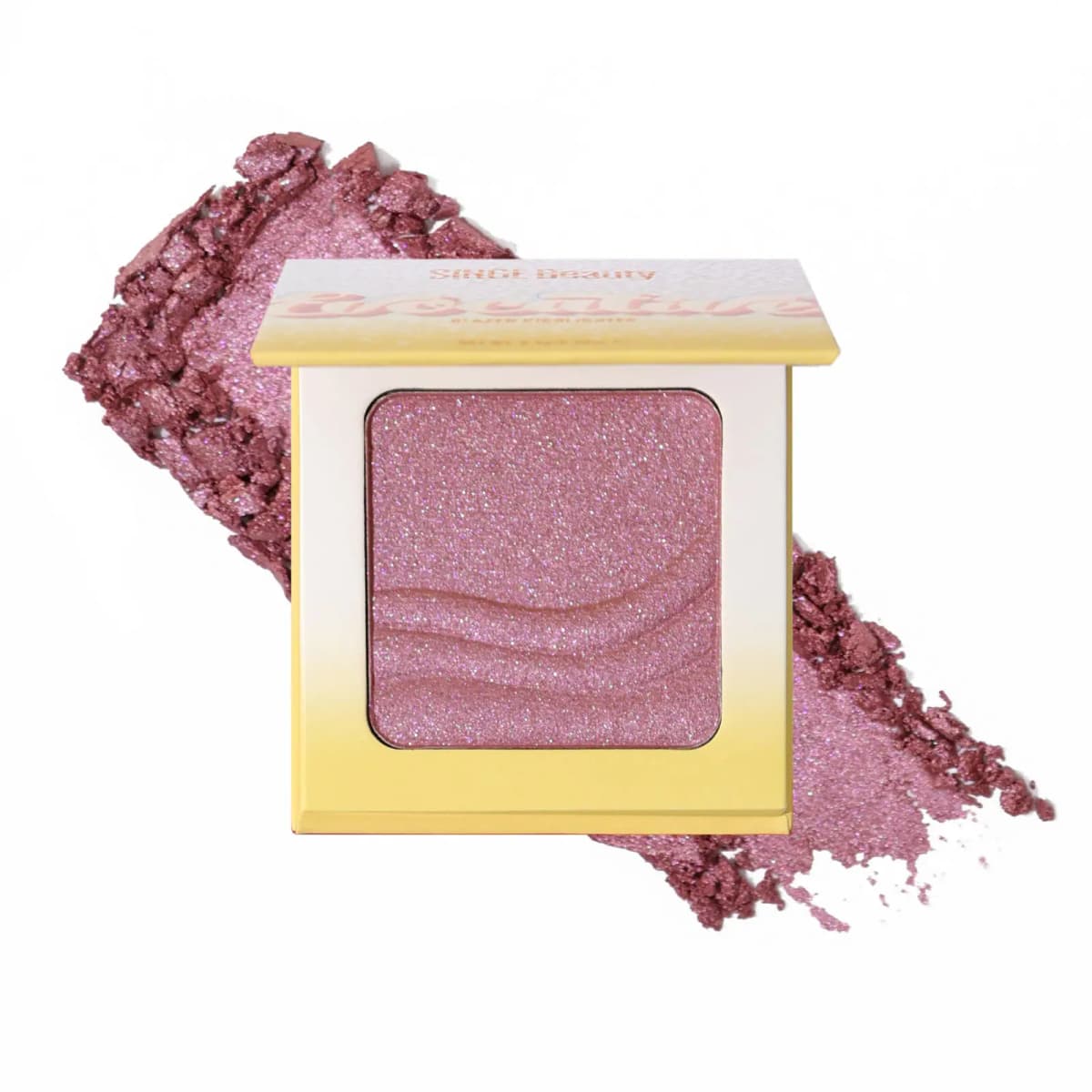 Mauve-pink glazed highlighter compact over deep pink glittery swatch
