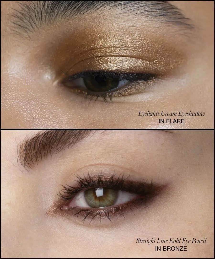 Eye close-ups: golden shimmer Flare shadow on the lid, smoky metallic Bronze kohl liner on a green eye