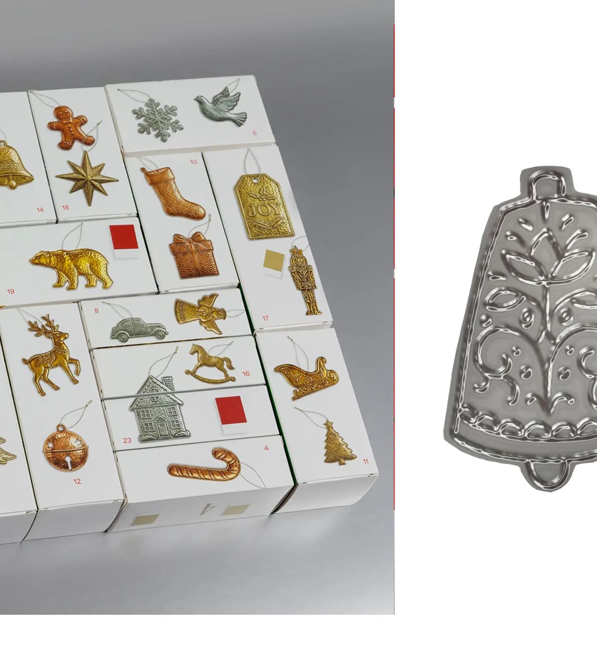 Calendar boxes rearranged to show gold ornament prints like a bear and reindeer, beside an embossed silver bell