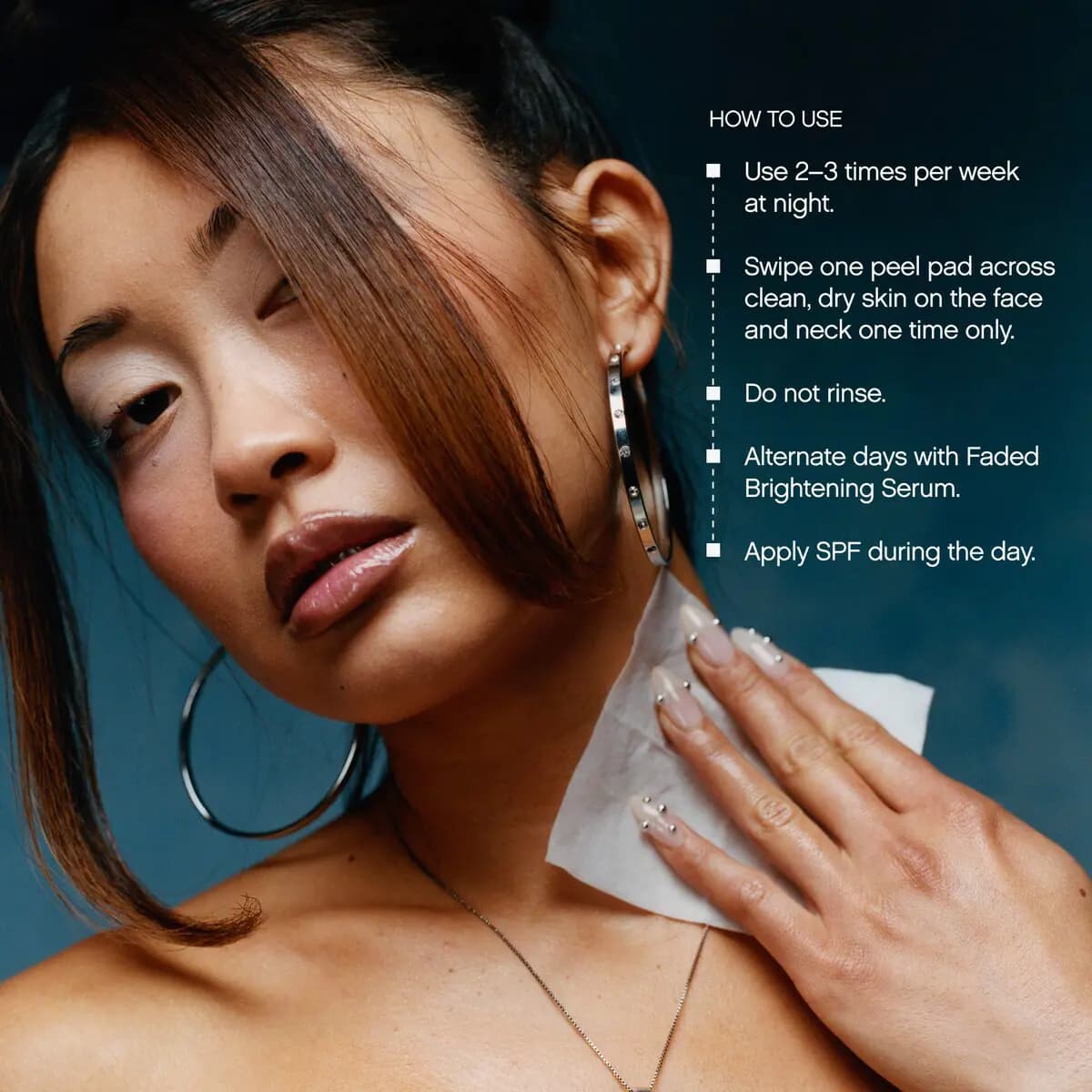 Model with hoop earrings swiping a white peel pad across the neck, with nightly peel pad usage steps