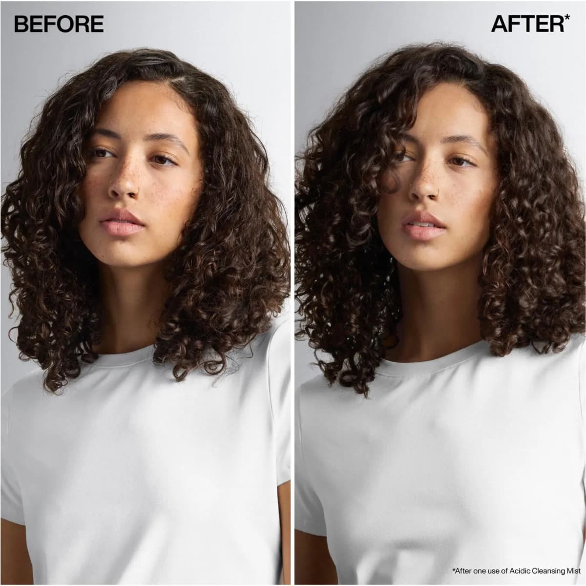 Before and after of a woman with dark curly hair in a white tee, with curls looking bouncier after one use