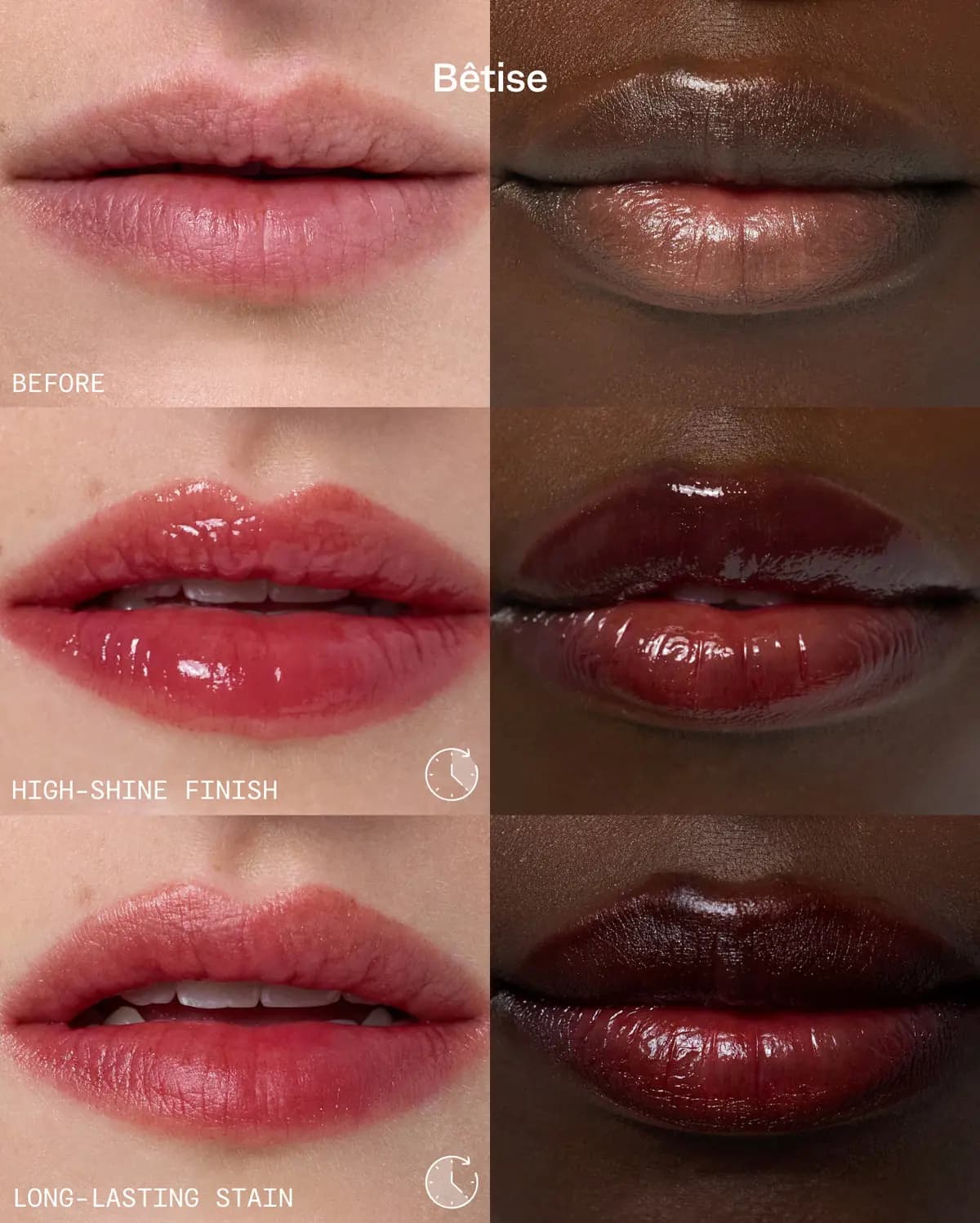 Bêtise on light and deep skin tones: bare lips, glossy high-shine finish, then long-lasting stain.