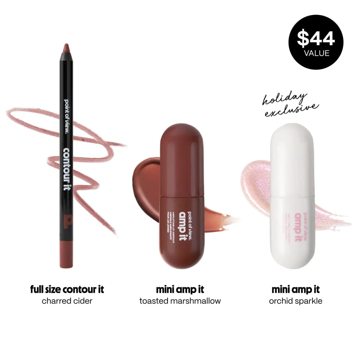 Contour it charred cider liner with mini amp it toasted marshmallow and orchid sparkle glosses, $44 value