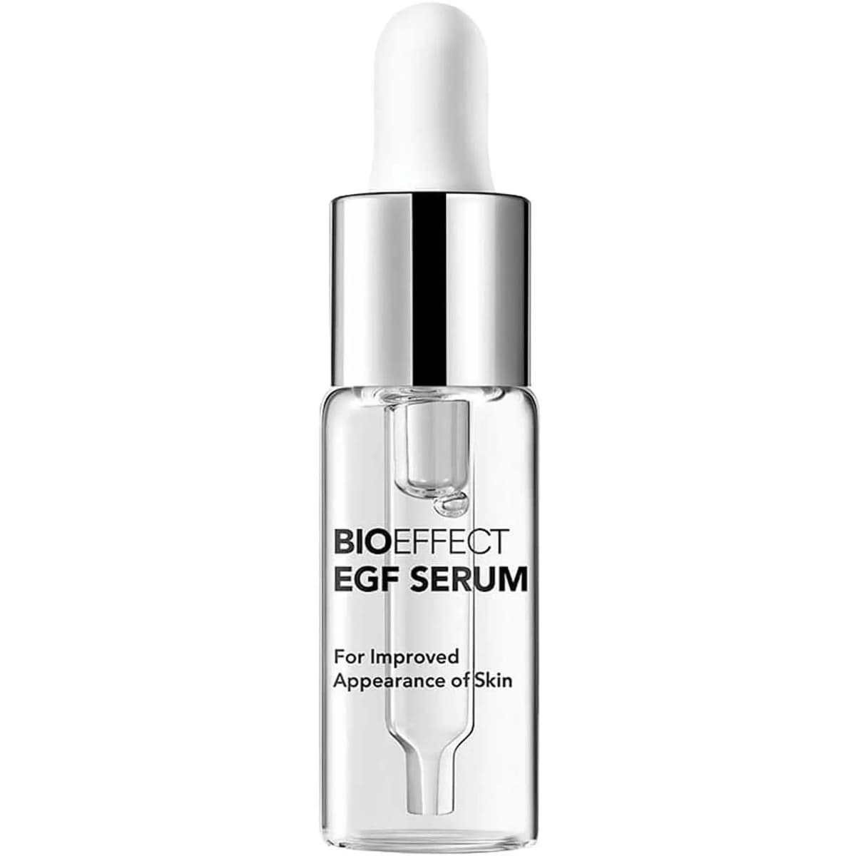 Bioeffect EGF Serum in a clear glass dropper bottle with silver collar and white bulb