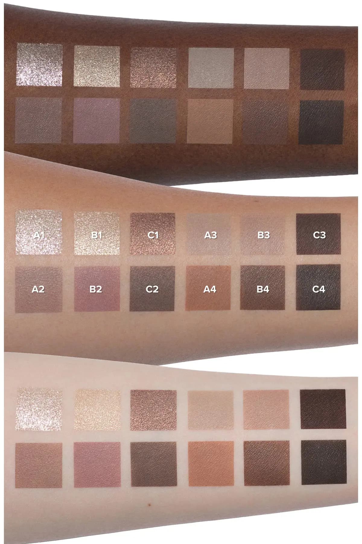 Swatches of 12 neutral eyeshadow shades labeled A1-C4 on three arms of varying skin tones.