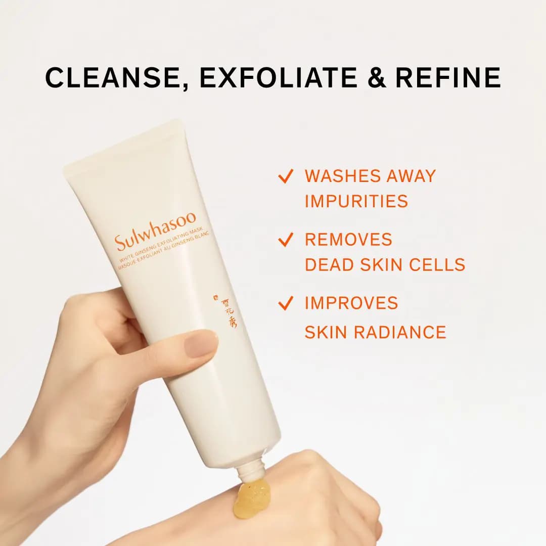 Hand squeezing the cream tube onto the back of a hand, with orange checklist: cleanse, exfoliate, refine