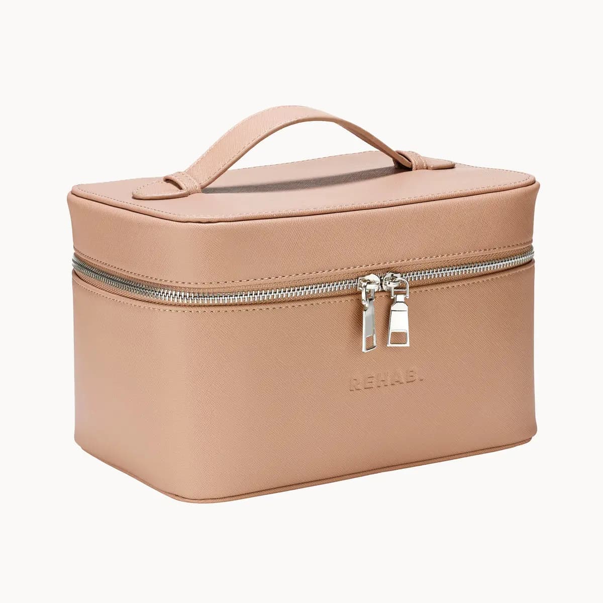 Rehab x Perrie Sian Rescue & Revive vanity case in nude saffiano leather with top handle and silver zip