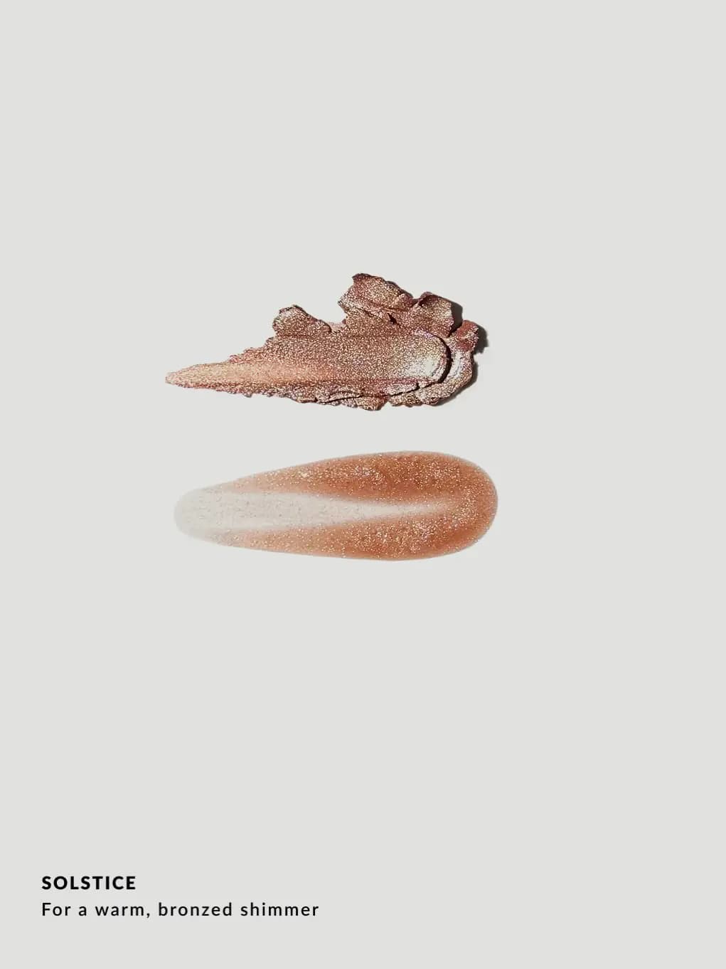 Warm bronze-pink shimmer swatches labelled Solstice for a warm, bronzed shimmer.