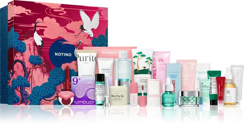 Pink crane-print Korean Beauty Gems box with 24 K-beauty items including Purito, Biodance, mixsoon and Frudia