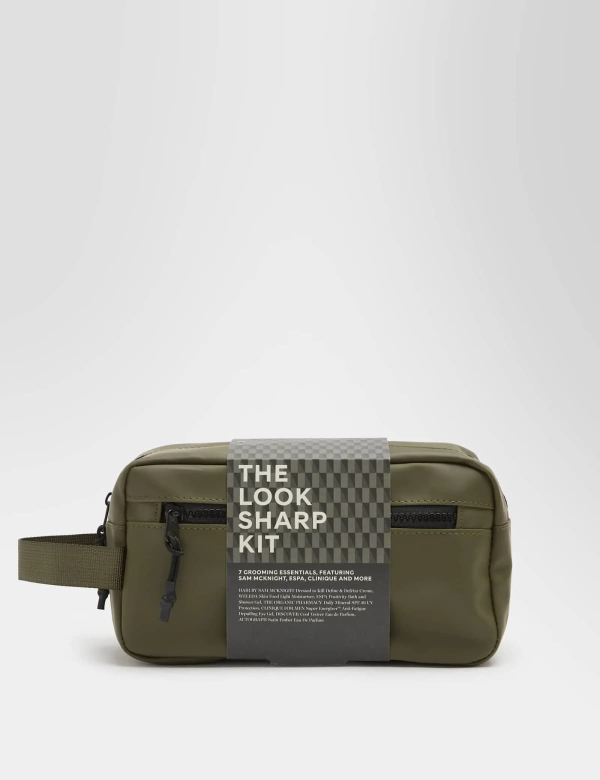 Khaki zip wash bag with handle wrapped in a grey checked sleeve reading The Look Sharp Kit, 7 grooming essentials