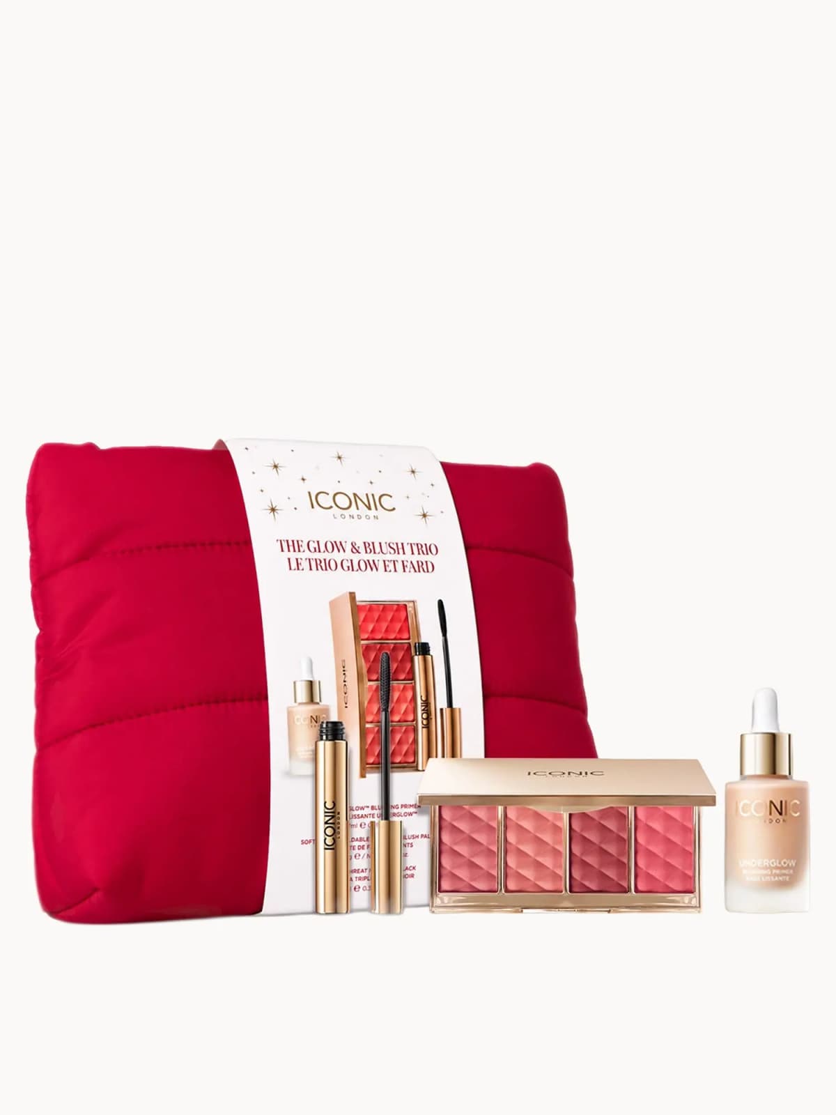 Red quilted pouch with ICONIC London Glow & Blush Trio sleeve, shown with primer dropper, four-pan pink blush palette