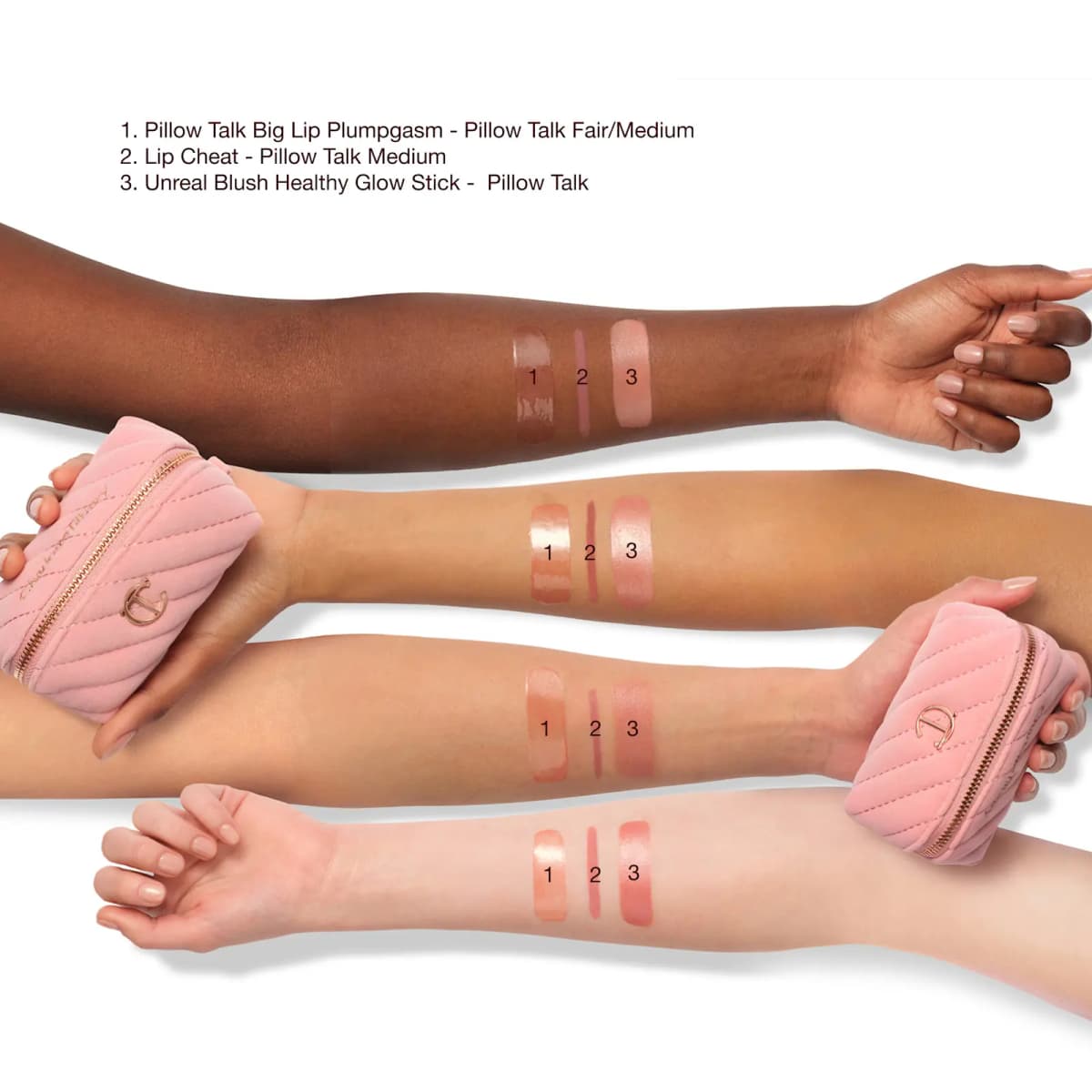 Swatches of Big Lip Plumpgasm, Lip Cheat and Unreal Blush on four skin tones, with the velvet bag held in hand