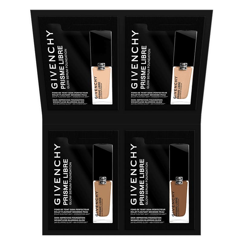 Four black Givenchy Prisme Libre Glow Serum Foundation sample sachets in light to deep shades