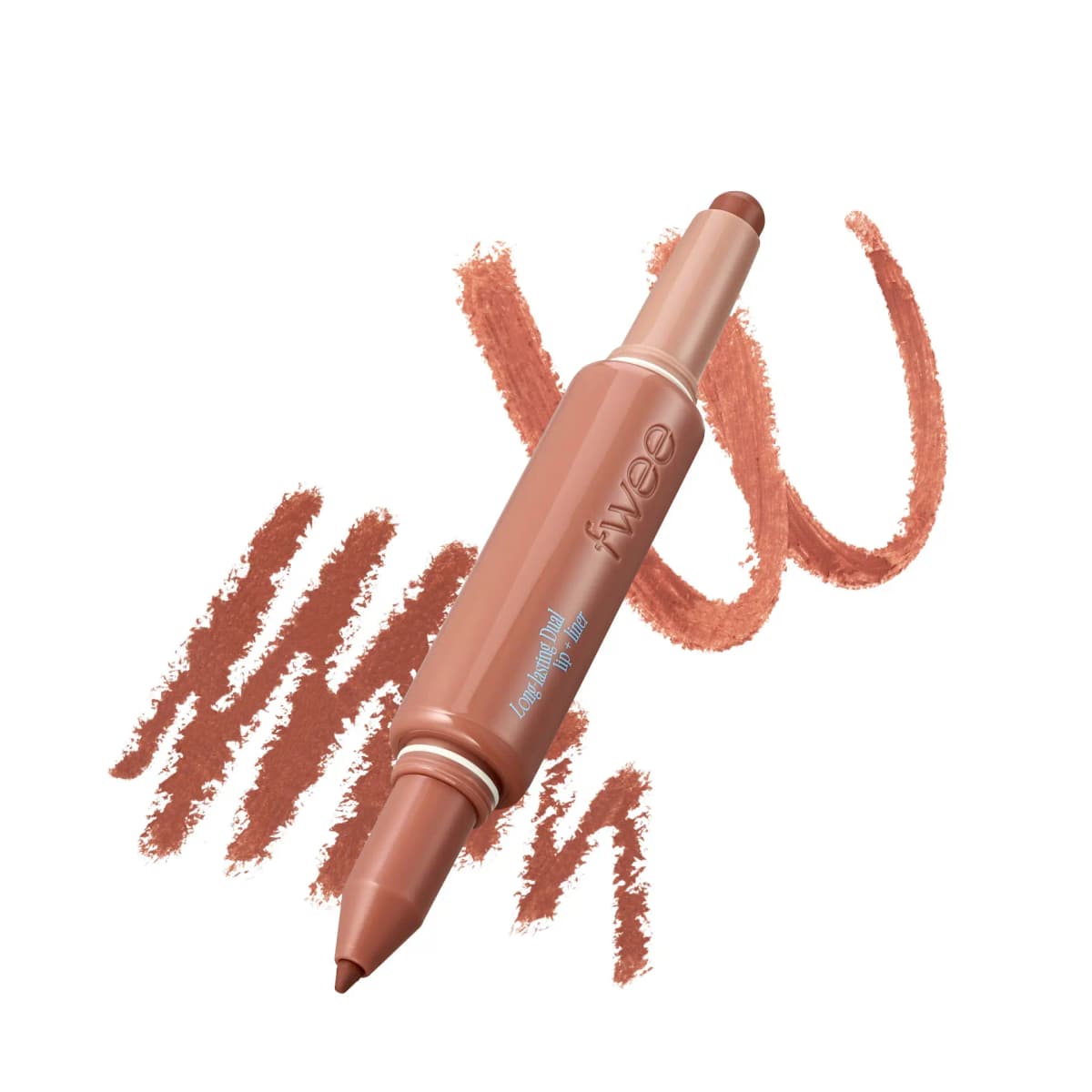 Fwee Long-lasting Dual lip + liner stick in nude-brown packaging over terracotta pencil swatches.