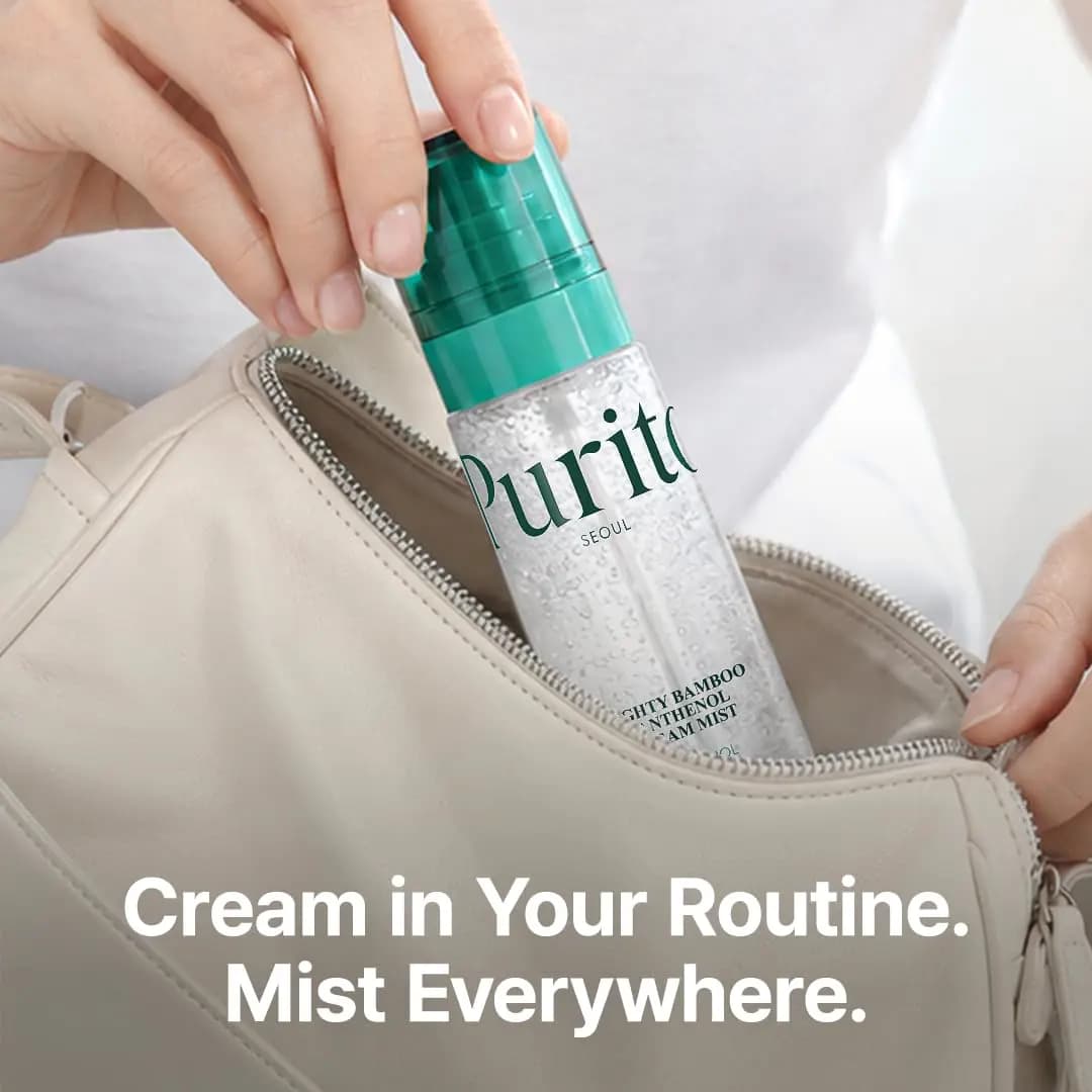 Hand slipping the teal-capped Purito mist into a cream leather bag, captioned "Cream in Your Routine. Mist Everywhere.