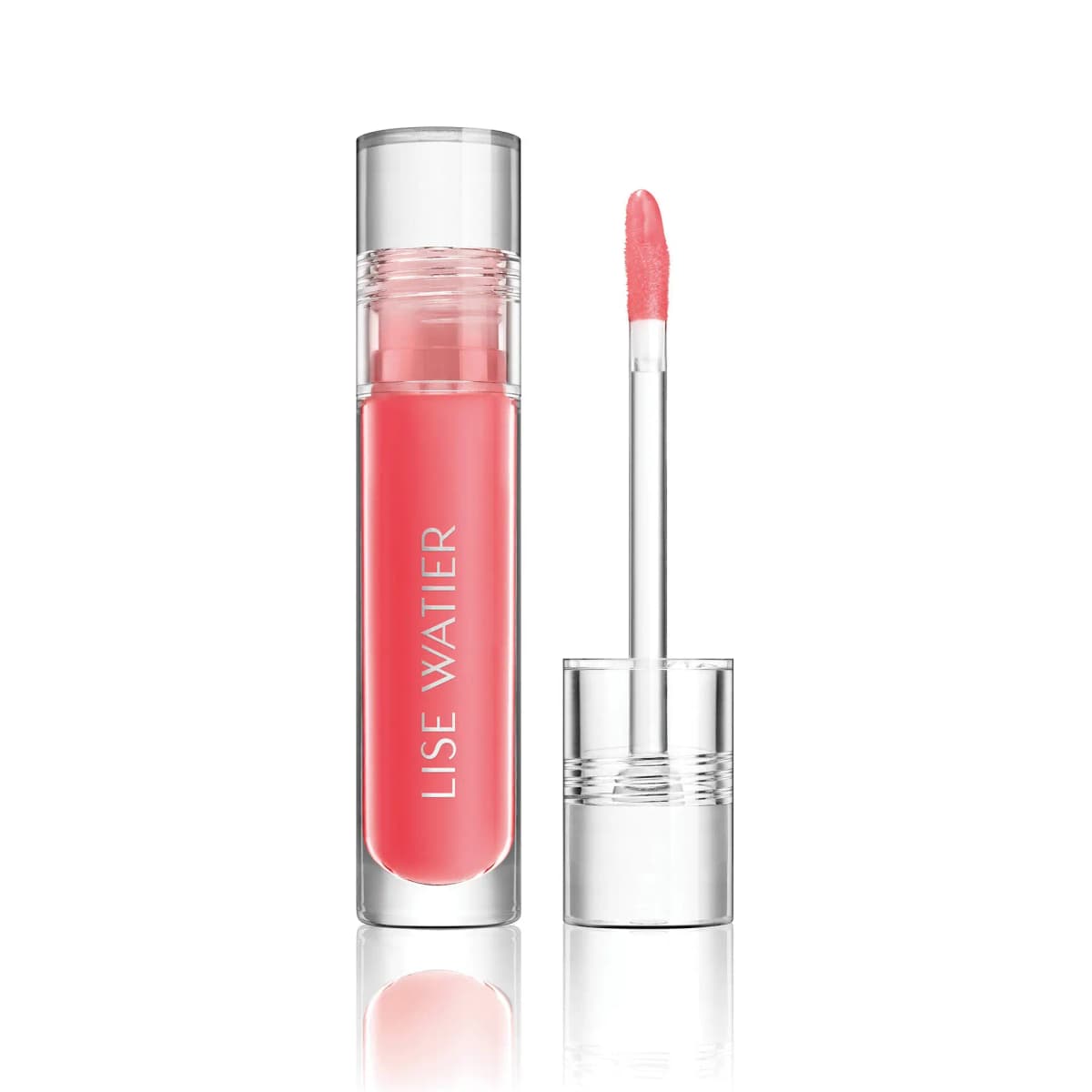 Lise Watier lip gloss tube filled with coral-pink liquid alongside its clear wand applicator.