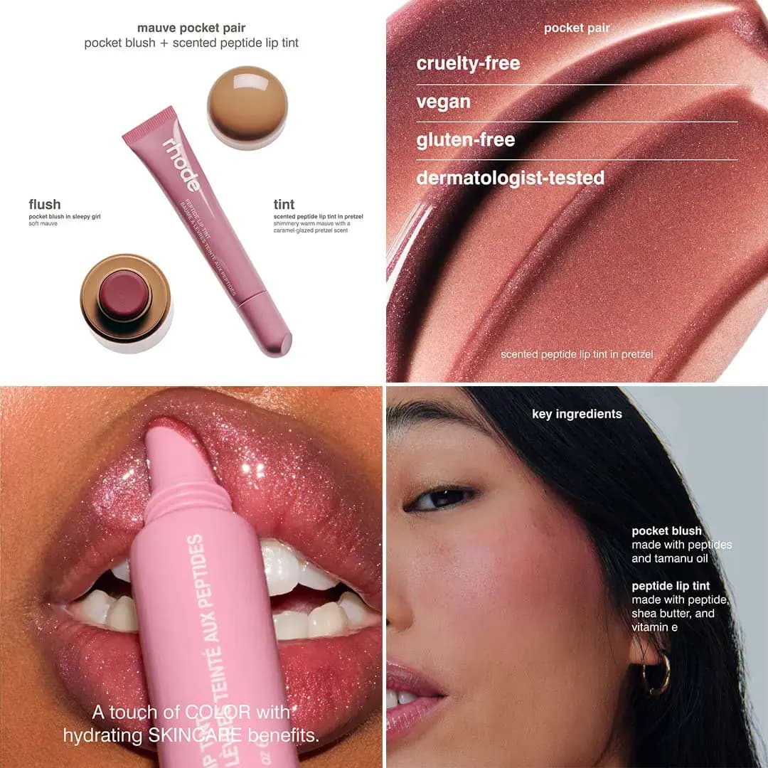 Mauve pocket pair: Sleepy Girl blush stick and Pretzel tint tube, shimmery mauve swatch and glossy sparkly lips