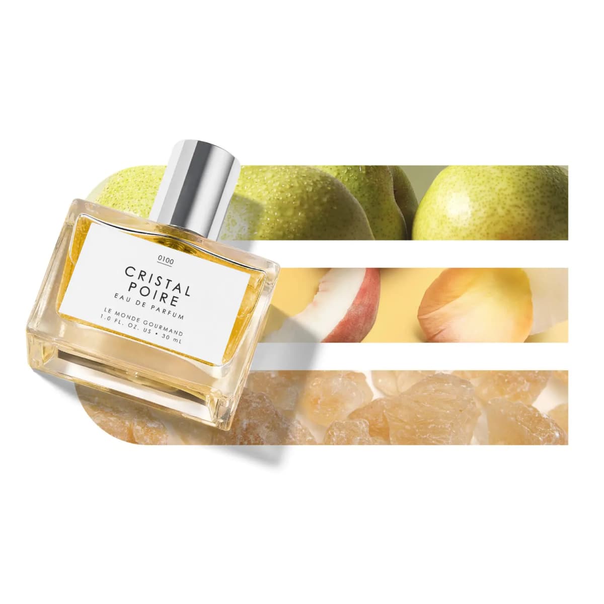 Tilted bottle over striped panels of green pears, peach slice and petal, and amber sugar crystals