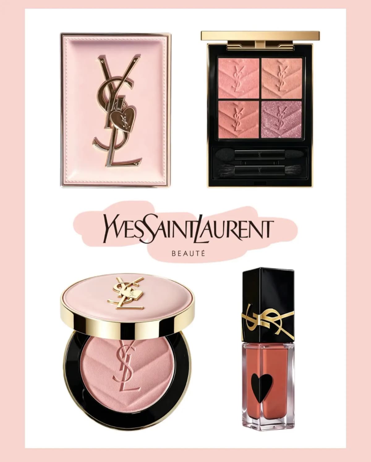 YSL Beauté pink-and-gold eyeshadow quad, round blush compact and coral liquid lip with heart, all with gold YSL logos
