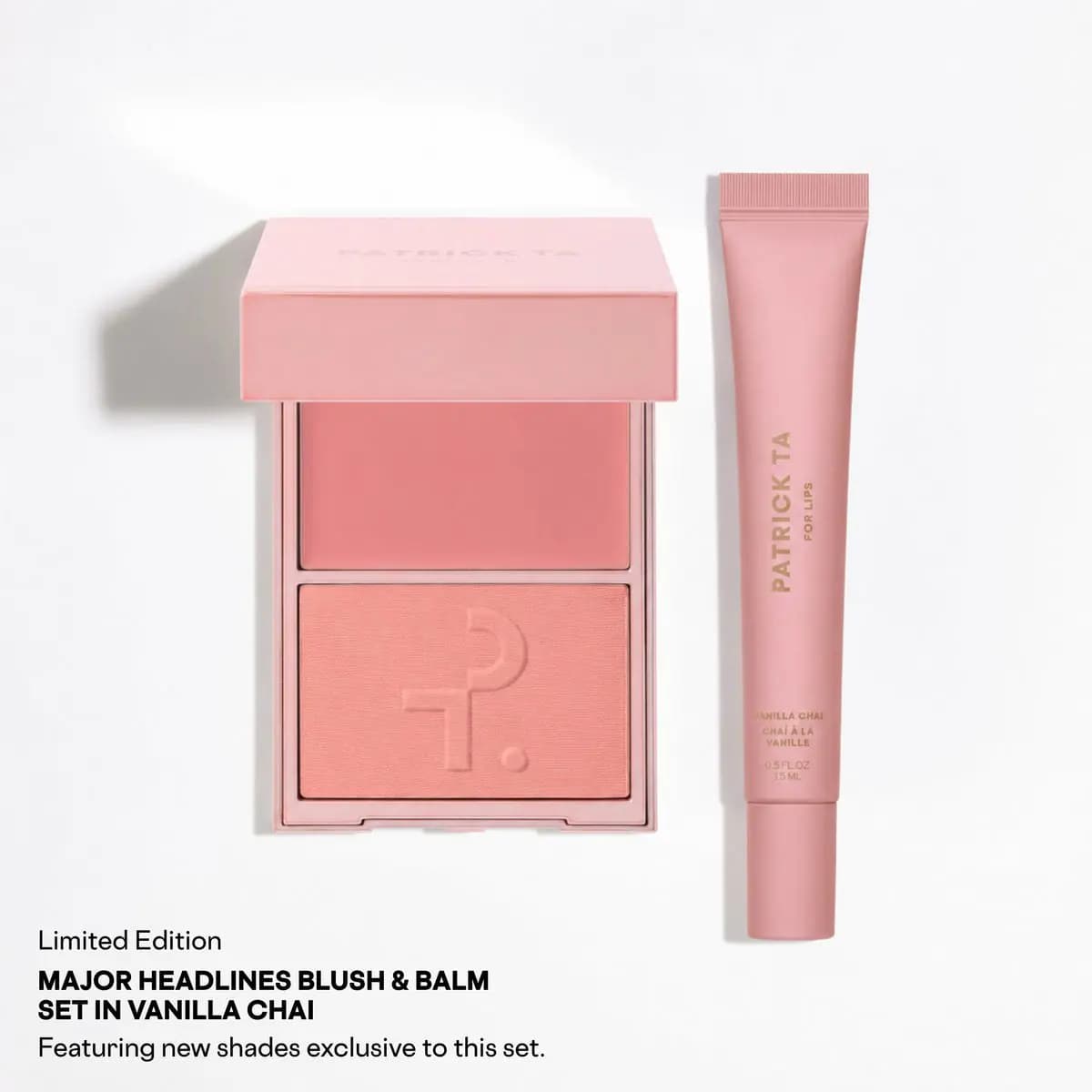 Patrick Ta Major Headlines Blush & Balm Set in Vanilla Chai: a pink blush compact beside a matching pink lip balm tube