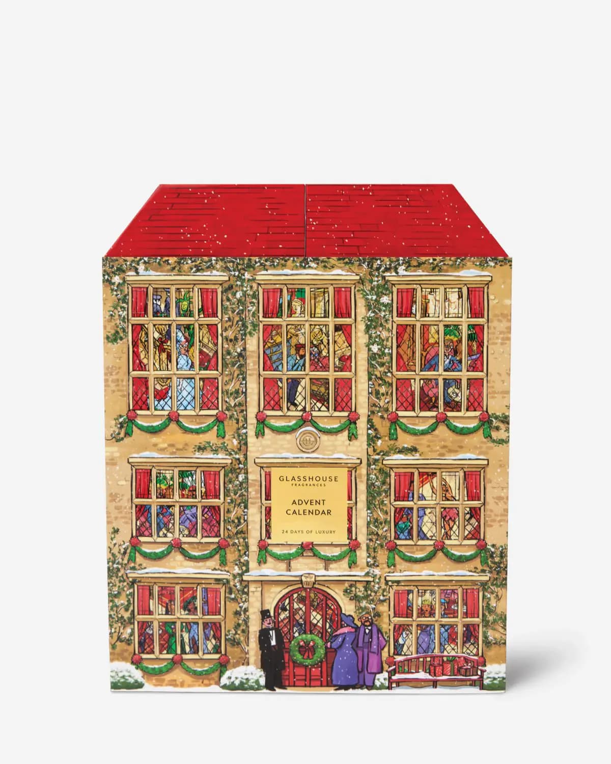 Illustrated townhouse-shaped advent calendar box with red roof and Glasshouse Fragrances 24 Days of Luxury label
