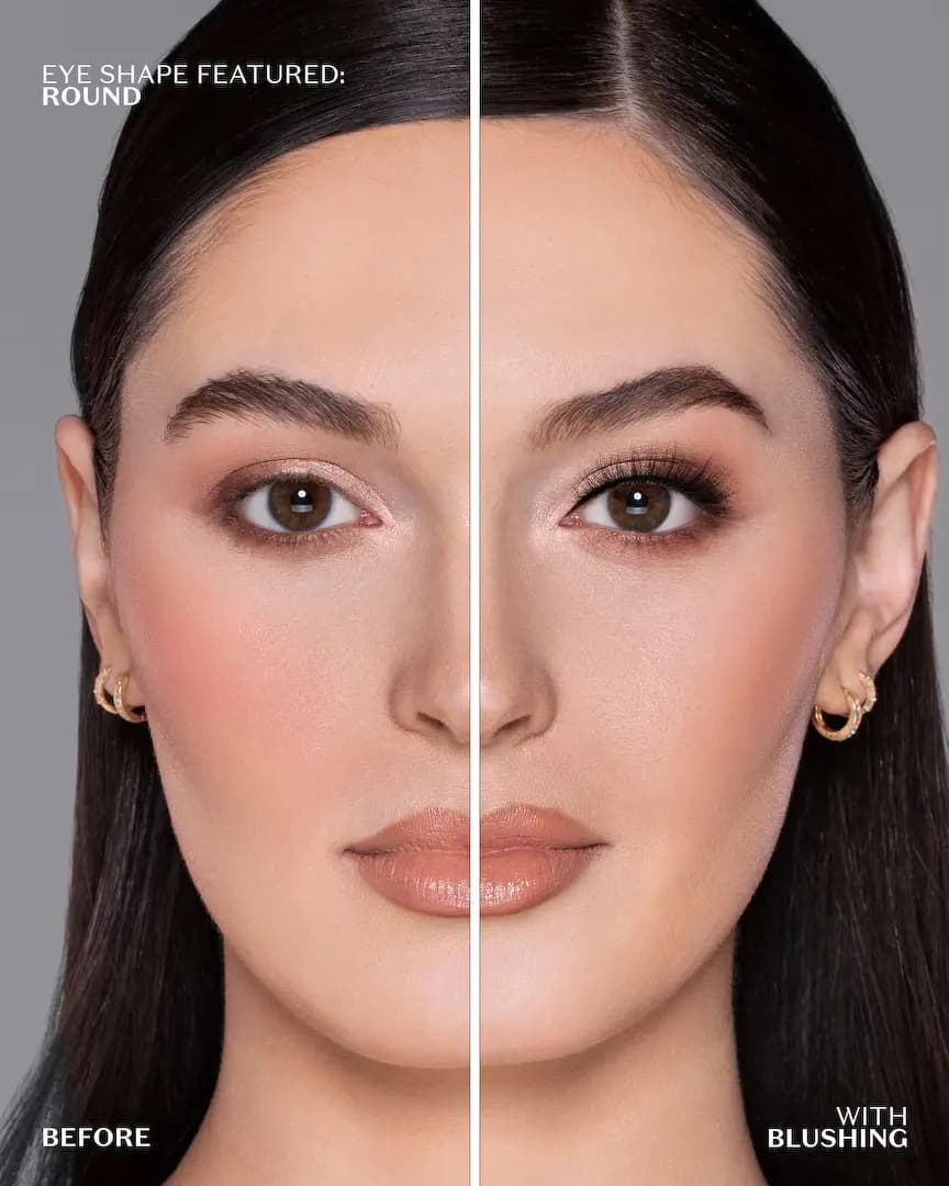 Split-face before and after of a model with round eyes, bare lashes on the left and Blushing lashes on the right