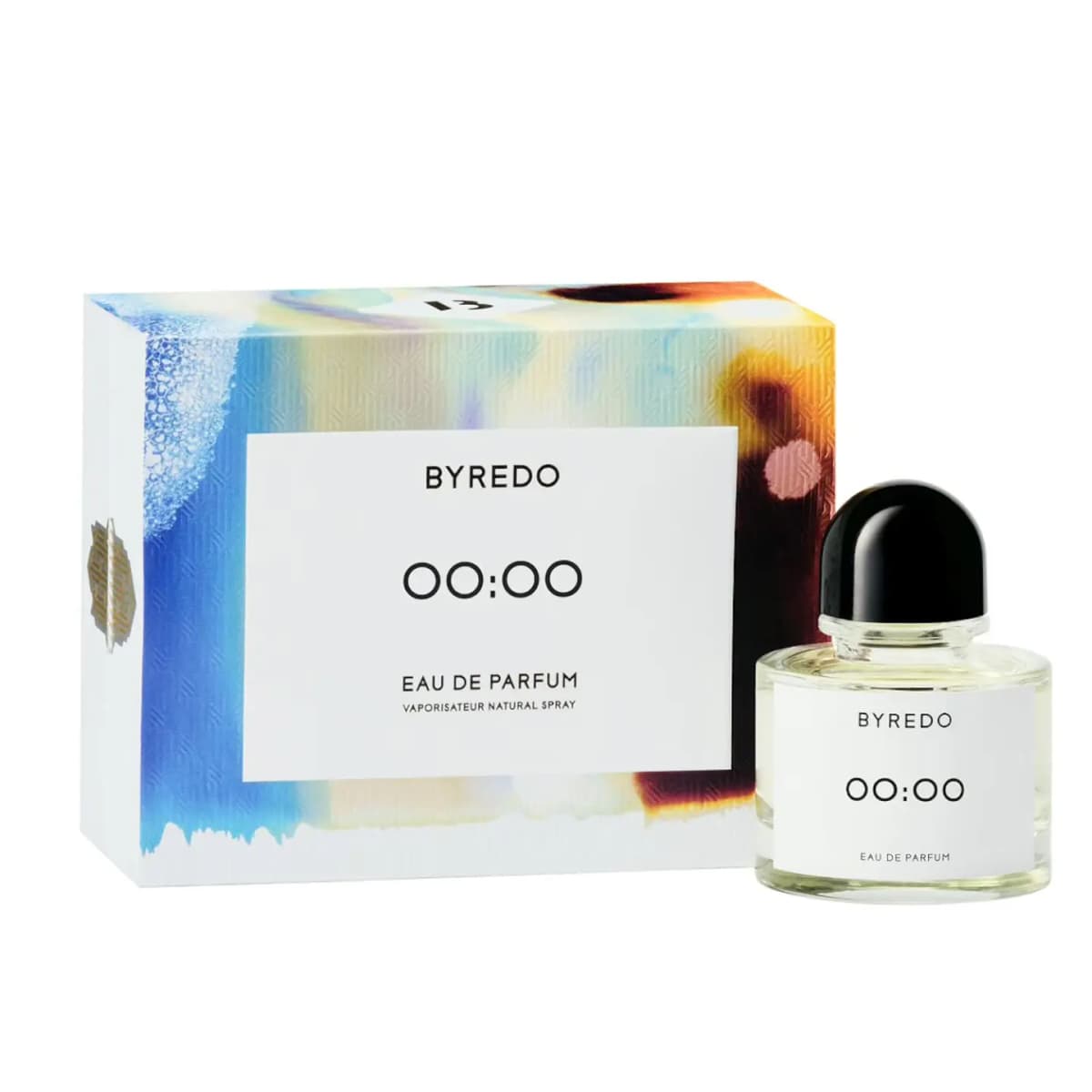Byredo 00:00 Eau de Parfum bottle beside its white box with blue, amber and dark watercolour-style print