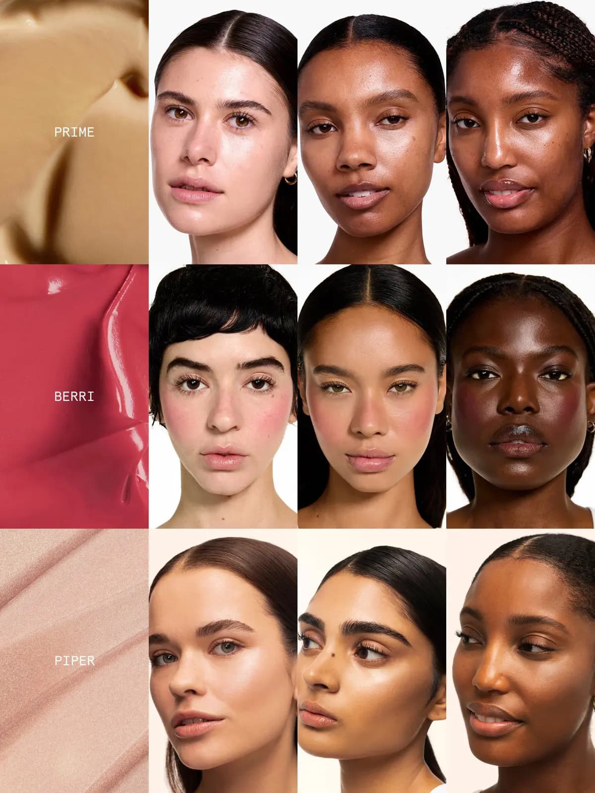 Grid of Prime, Berri and Piper textures beside nine models with light to deep skin wearing each product