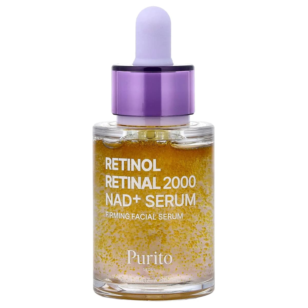 Clear glass dropper bottle of Purito Retinol Retinal 2000 NAD+ Serum with purple cap and golden beads inside