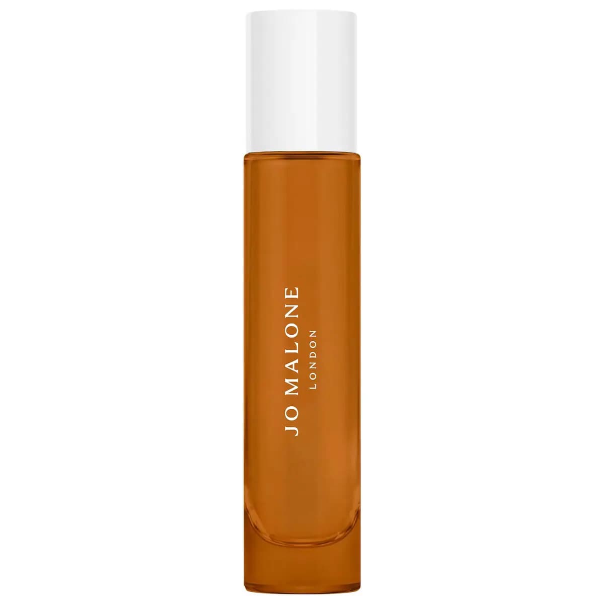 Slim amber Jo Malone London travel spray with a tall white cap on a plain white background.