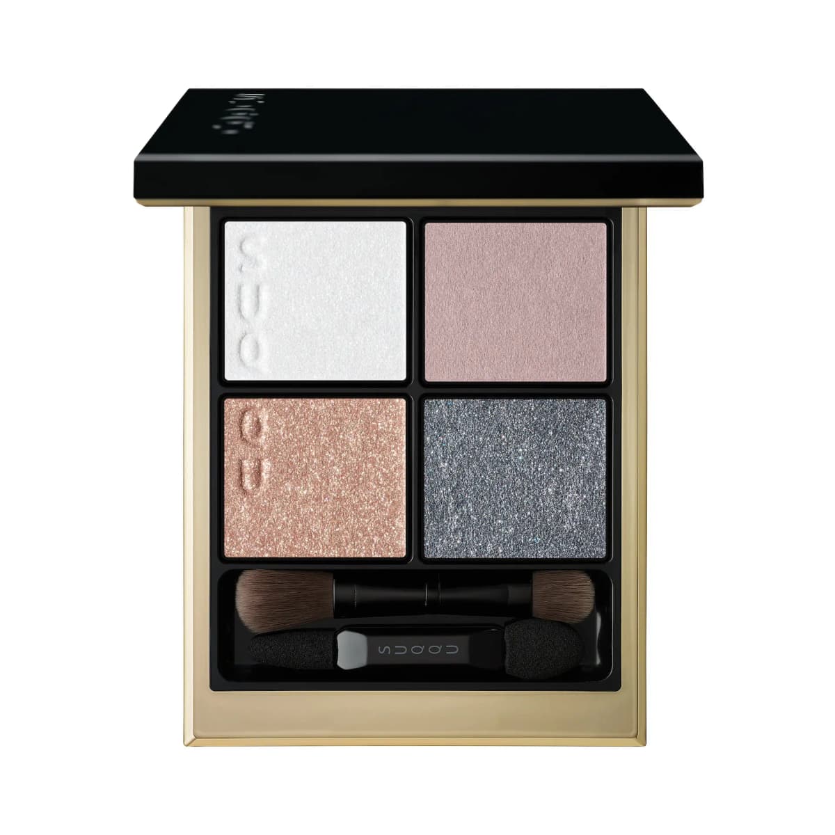 Quad of white sparkle, mauve, rose-gold glitter and charcoal glitter eyeshadows in a gold-trimmed compact
