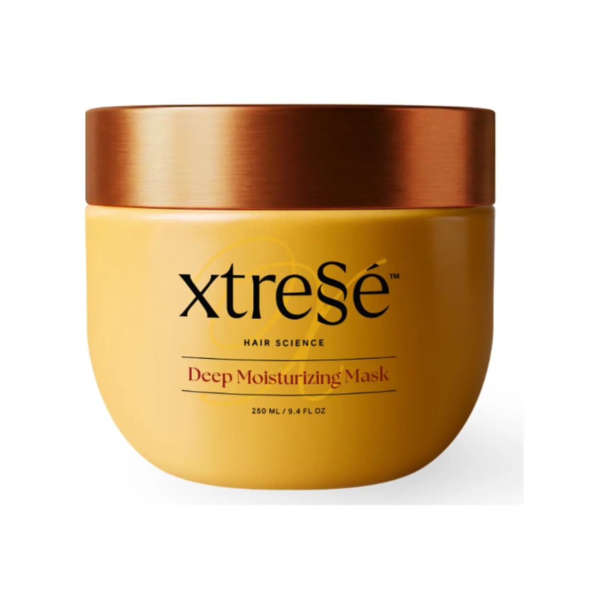 Yellow 250 mL jar of Xtressé Deep Moisturizing Mask with a brushed copper lid on a white background
