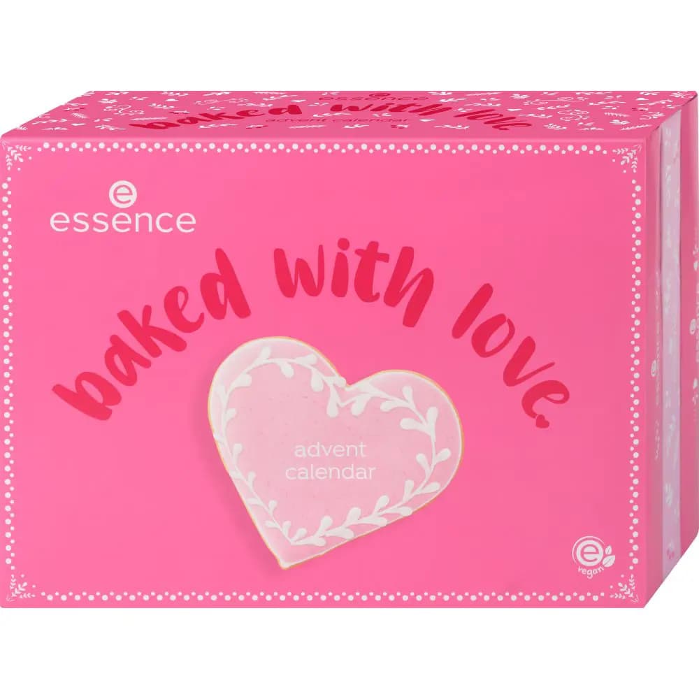 Essence Baked With Love Advent Calendar box in hot pink with a pink iced heart cookie reading advent calendar